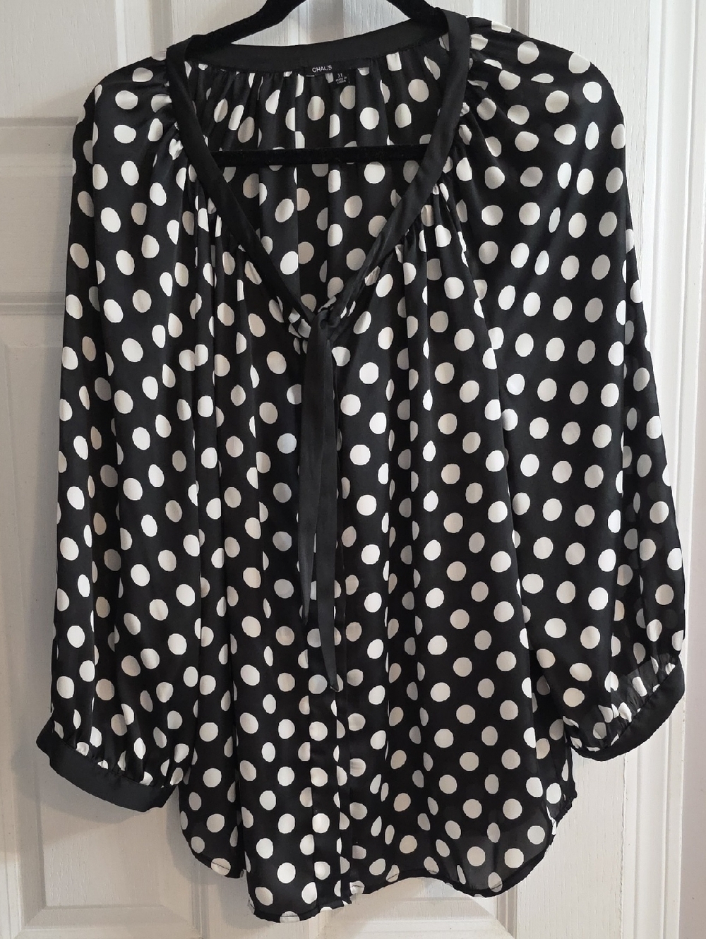 Chaus Black and White Polka Dot Tie-Neck Blouse